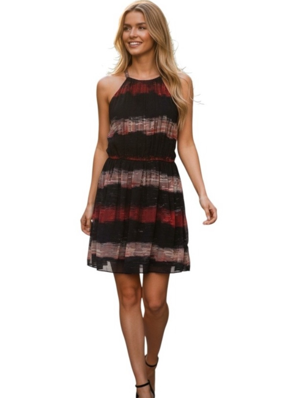Alice + Olivia Women's Silk Blend Red Black Printed Halter Mini Dress Size 6